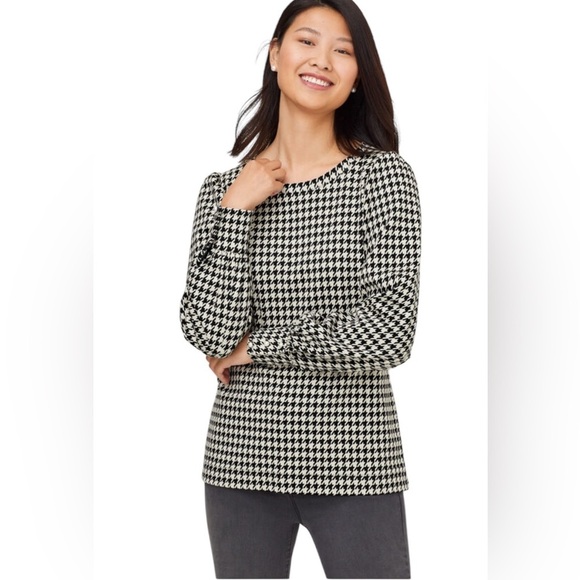 Talbots Pearl Button Cuff Blouse Top Size XLP Black White Houndstooth Office - Picture 1 of 10